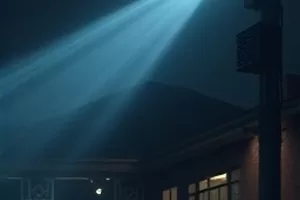 《第七次日落》封面画面，海边旅馆的落地窗与黄昏光带